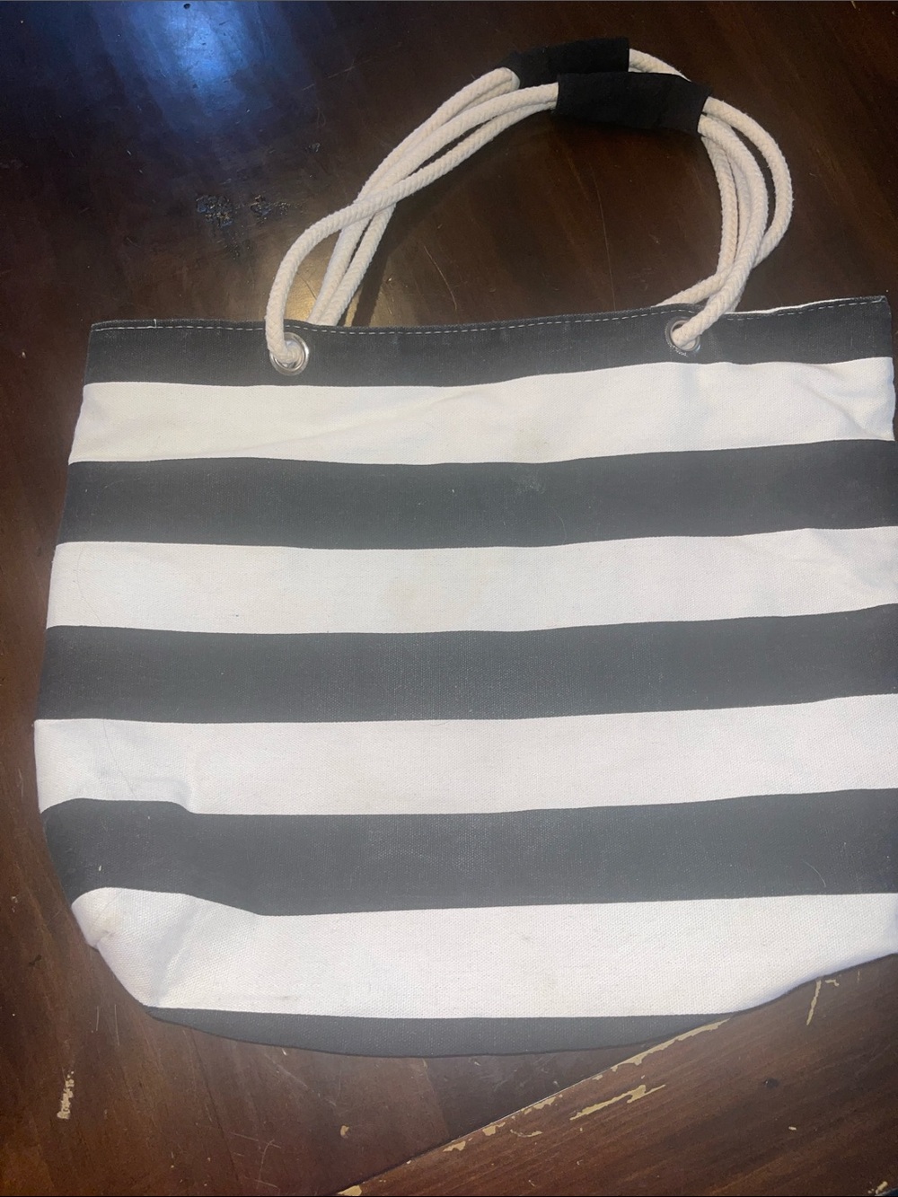 Striped Black & White Canvas Tote Bag with Rope Handles